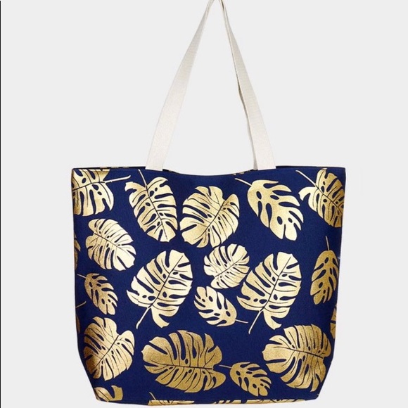 Monstera beach tote bag navy and gold - Picture 2 of 2